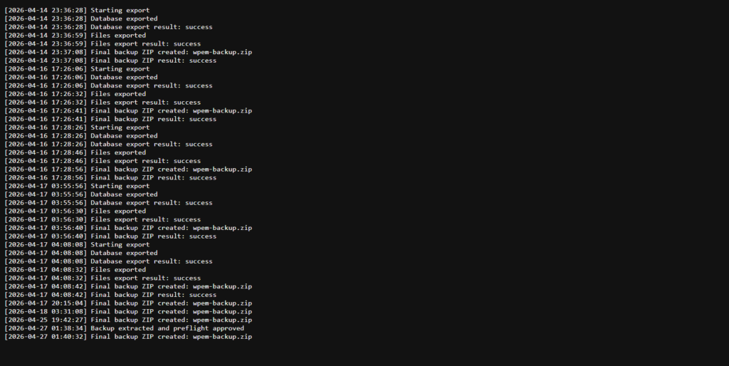 WordPress backup migration log showing export success, database backup, files backup, backup ZIP creation, import extraction and restore activity status.